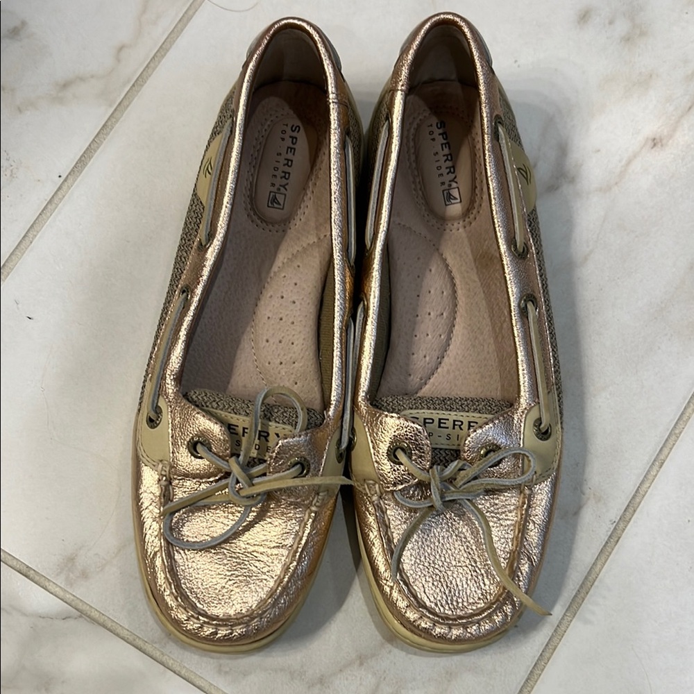 Sperry Pink Gold Flats with Moccasin Stitching